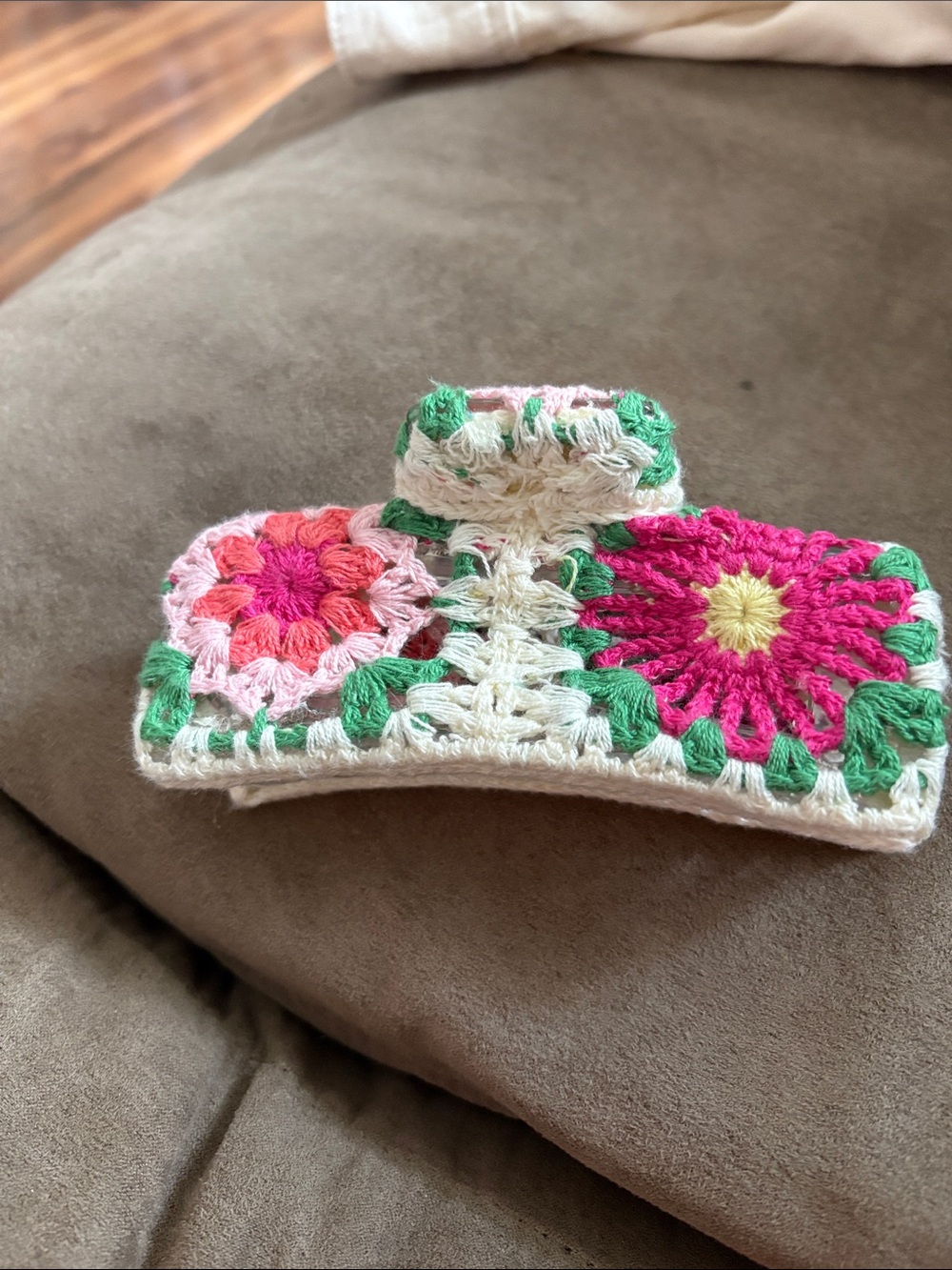 Handcrafted Crochet Floral Claw Clip - Pink, Green & Cream